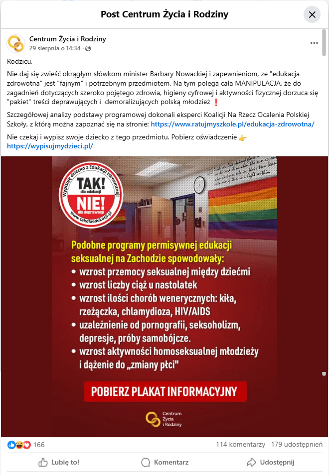 post na Facebooku opisujący zagrożenia wynikające z edukacji seksualnej