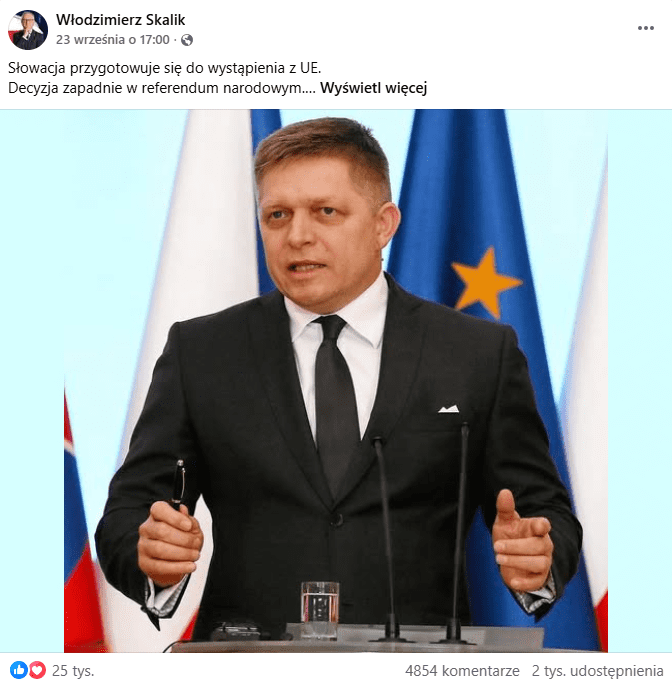 Zrzut ekranu z fanpage’a Obudź się Polsko na temat referendum w Słowacji. Na dołączonej grafice widać słowackiego premiera Roberta Fico w trakcie przemówienia na tle różnych flag.