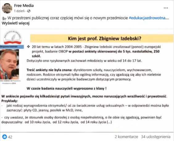 Wpis na Facebooku z informacjami na temat badania ankietowego przeprowadzonego przez prof. Izdebskiego
