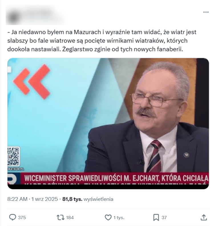Wpis na portalu X z rzekomą wypowiedzią posła Jakubiaka. Na zdjęciu dołączonym do postu widać polityka w programie telewizyjnym Telewizji Republika. W kadrze na pierwszym planie siedzi Jakubiak ubrany w ciemny garnitur, białą koszulę i krawat. Na nosie ma okulary. W tle za nim jest ekran z telewizyjnym tłem programu