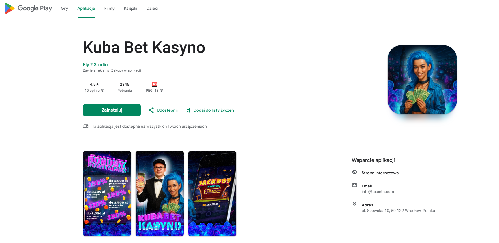 Strona udająca Google Play pozwalająca na pobranie gry-kasyna