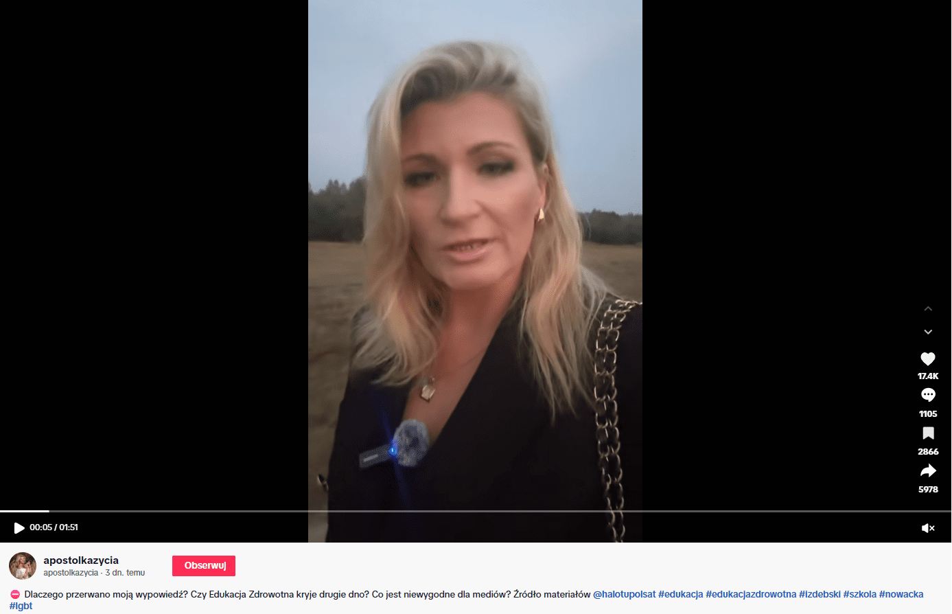 Film na TikToku dotyczący drugiego dna edukacji zdrowotnej. Opis nagrania: “Dlaczego przerwano moją wypowiedź? Czy Edukacja Zdrowotna kryje drugie dno? Co jest niewygodne dla mediów?”.