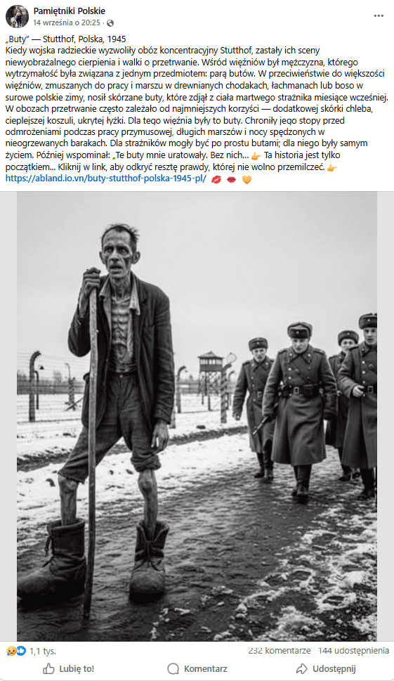 Zrzut ekranu z platformy Facebook, gdzie widoczny jest obrazek stworzony przez AI. Na grafice pojawia się scena rzekomo z obozu w Stutthof - wychudzony mężczyzna w za dużych butach, a za nim strażnicy.