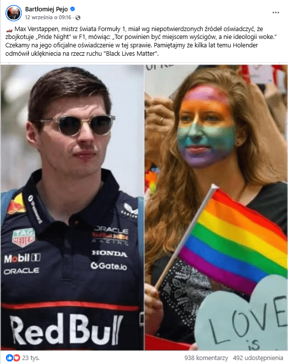 Wpis na Facebooku z informacją o rzekomej wypowiedzi Maxa Verstappena. Na zdjęciu po lewej stronie widać sportowca w kombinezonie wyścigowym. Po prawej strony obrazka jest zdjęcie kobiety trzymającej tęczową flagę z twarzą wymalowaną w kolorowe paski.
