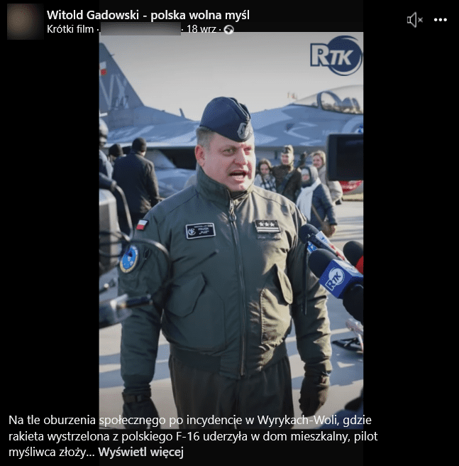 zrzut ekranu z filmu udostępnionego na Facebooku. Elementy interfejsu platformy i klatka z nagrania przedstawiająca oficera wojska rozmawiającego z dziennikarzami.
