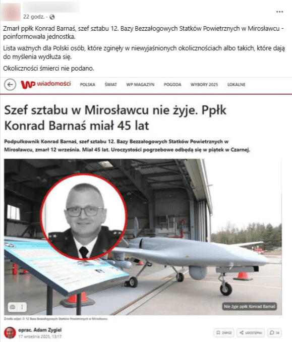Zrzut ekranu, na którym pojawia się informacja o śmierci ppłk Konrada Barnasia pochodząca z portalu WP. 