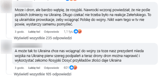 Komentarze pod wpisem na Facebooku zawierające informacje, że atak dronów przeprowadzili Ukraińcy 
