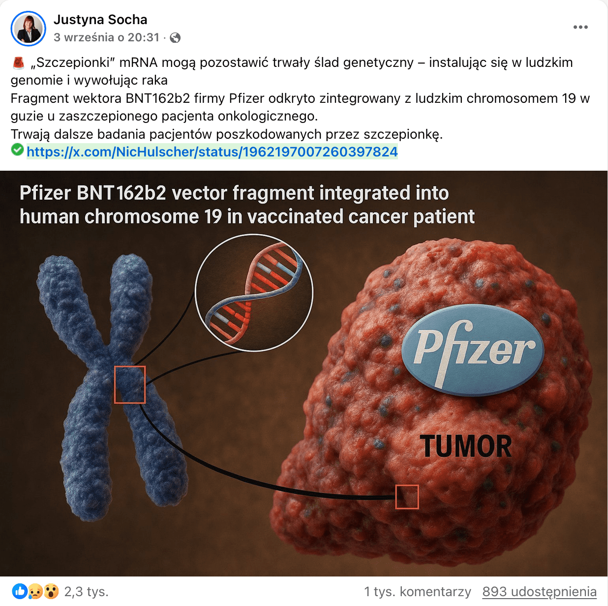 Zrzut ekranu przedstawiający post opublikowany na platformie Facebook.com. Do wpisu dołączono grafikę, na której po lewej stronie widać chromosom, a po prawej guz, na którym oprócz podpisu „tumor” widnieje logo firmy Pfizer. U góry ilustracji umieszczono napis: Pfizer BNT162b2 vector fragment intergrated into human chromosome 19 in vaccinated cancer patient.