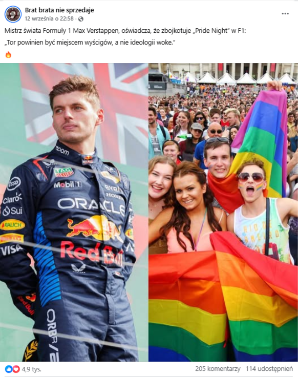 Wpis na Facebooku z informacją o rzekomej wypowiedzi Maxa Verstappena. Na zdjęciu po lewej stronie widać sportowca w kombinezonie wyścigowym. Po prawej strony obrazka jest zdjęcie kilku osób trzymających tęczową flagę kojarzoną z mniejszością LGBTQIA+