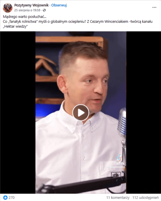 Wpis na Facebooku z nagraniem, w którym występuje Cezary Wincenciak. W kadrze widać mężczyznę w białej koszuli siedzącego na niebieskim tle z meblami. Przed nim ustawiony jest mikrofon na wysięgniku