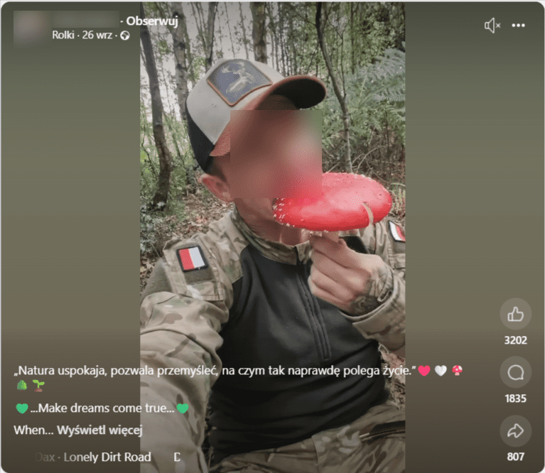  zrzut ekranu rolki na Facebooku, w której mężczyzna siedzi w lesie i je muchomory. W opisie czytamy: „Natura uspokaja, pozwala przemyśleć, na czym tak naprawdę polega życie” oraz „Make dreams come true”.