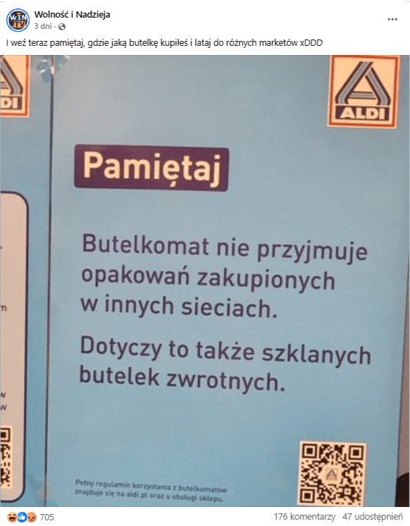 Wpis na Facebooku z profilu Wolność i Nadzieja. Na zdjęciu widać obudowę do automatu przyjmującego butelki z komunikatem, że nie przyjmuje on opakowań zakupionych w innych sieciach