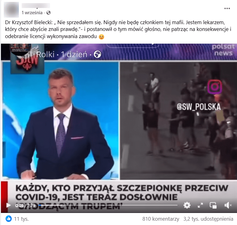 Zrzut ekranu z platformy Facebook, gdzie widać film przerobiony za pomocą technologii deepfake. Na nagraniu pojawia się obraz wyglądający jak klatka z wiadomości transmitowanych przez telewizję Polsat News. 