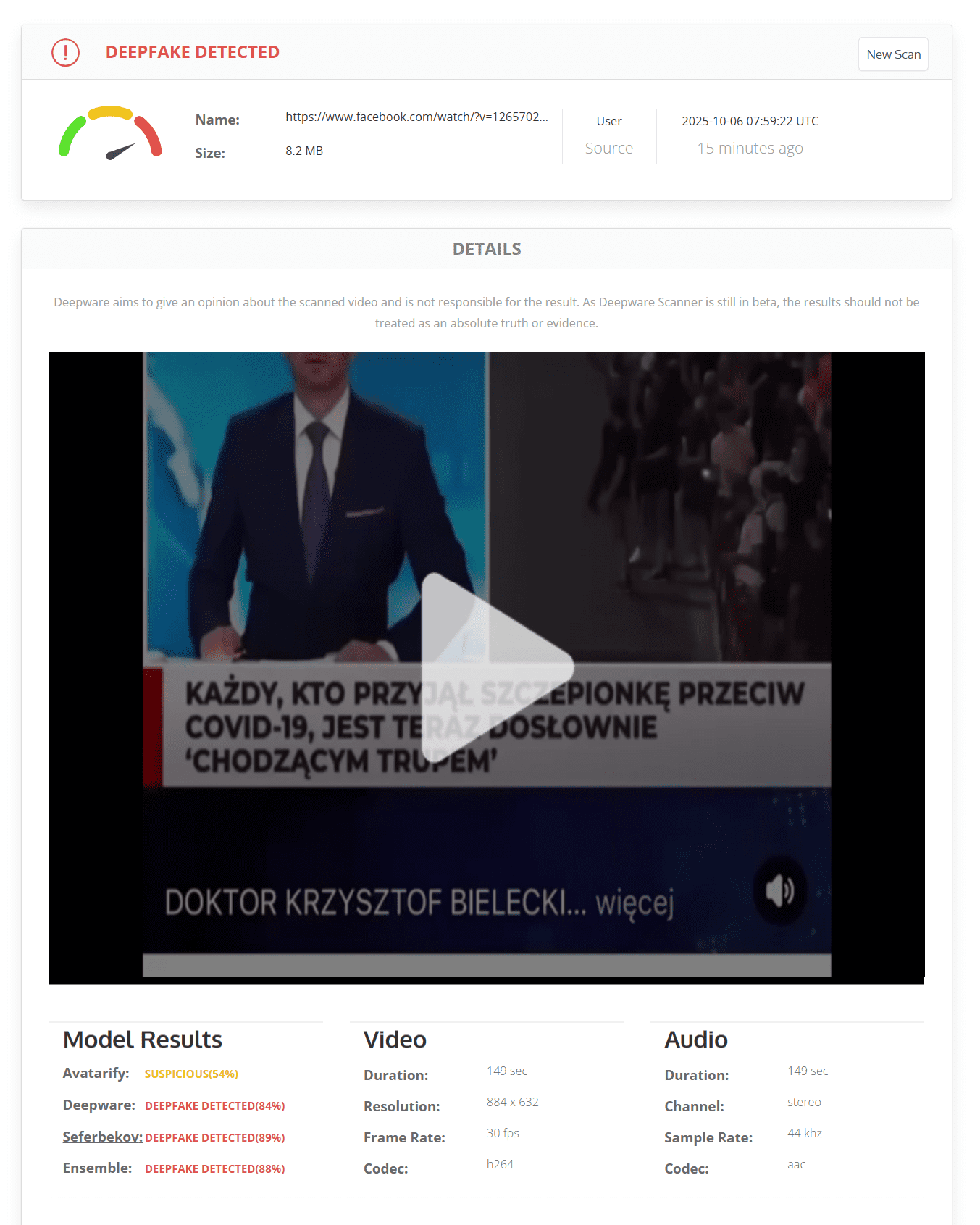 Zrzut ekranu z platformy Deepware Scanner, gdzie przedstawiono wyniki weryfikacji materiału wideo pod kątem użycia sztucznej inteligencji. Program stwierdził, że nagranie powstało z pomocą narzędzi AI. 