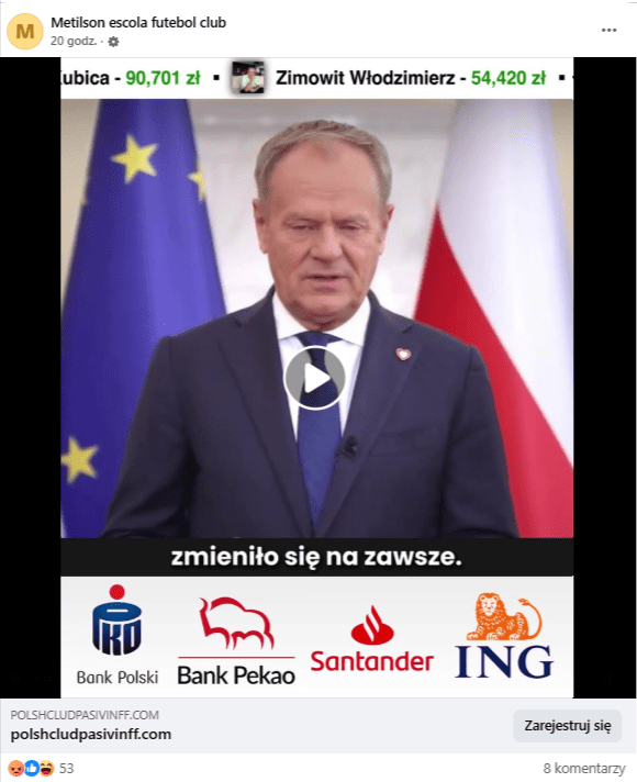 Wpis na Facebooku z wideo, w którym występuje Donald Tusk stojący na tle flagi Polski i Unii Europejskiej